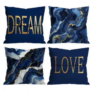 Navy Blue & Gold Marble Throw Pillow Covers Set of 4 | Dream Big & Love Decor for Room Bedroom Chair Car Sofa Couch Room Cozy Accessories 0305YB