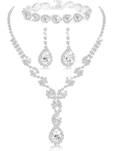Bridal Rhinestone Teardrop Statement Necklace Bracelets and Dangle Earrings Jewerry Sets for Proms Weddings