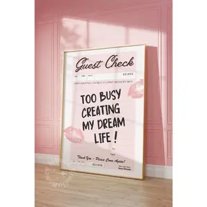 Dream Life Guest Check Print, Retro Pink Preppy Dorm Decor1 - (Unframe)