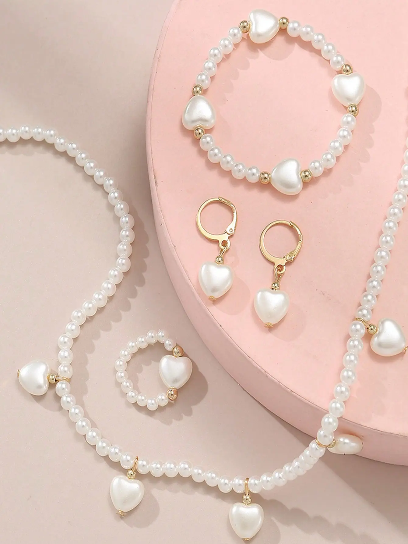 Woman Pearl Hart Jewelry Set-Necklace, Bracelet, Earrings & Ring
