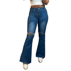 Yzara Women's High Waisted Bell Bottom Jeans Distressed Wide Leg Denim Pants with Raw Hem Ripped Blouse Crop Fit Fitted Vintage Womenswear