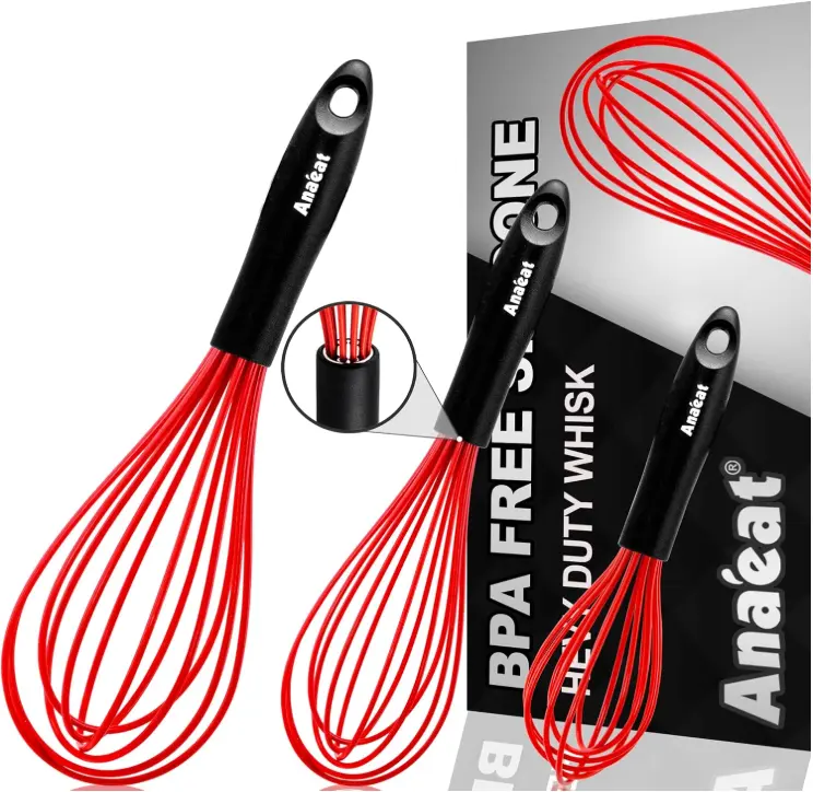 Anaeat Silicone Whisk, Thick Stainless Steel Wire Inner - Heat Resistant Kitchen Whisks for Non-Stick Cookware, Balloon Egg Beater for Whisking, Blending, Beating, Frothing & Stirring (Red)