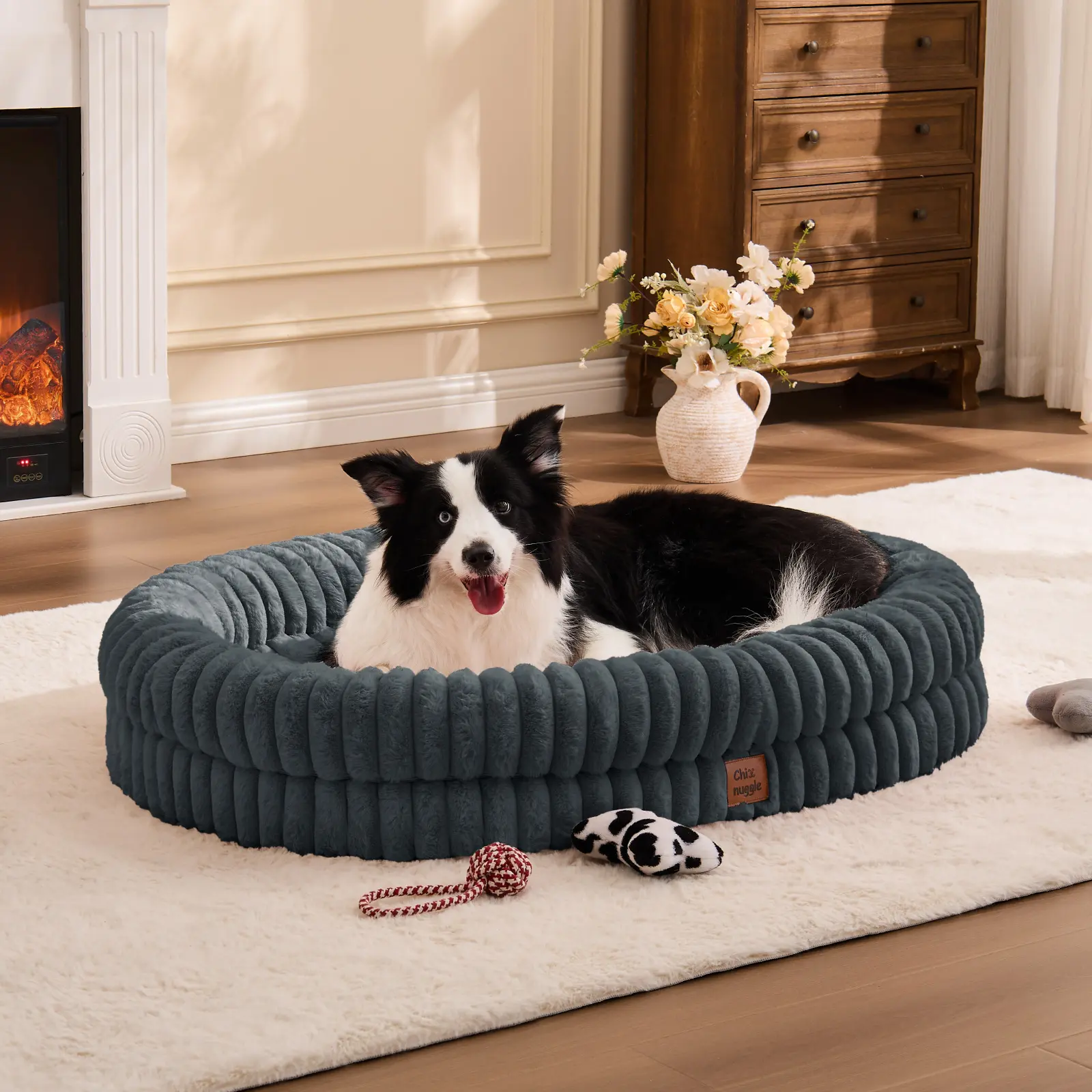 Orthopedic Dog Bed with Plush Look Faux Fur Bolster, Supportive Waterproof Egg Crate Foam, Washable Cover, Non-Slip Bottom