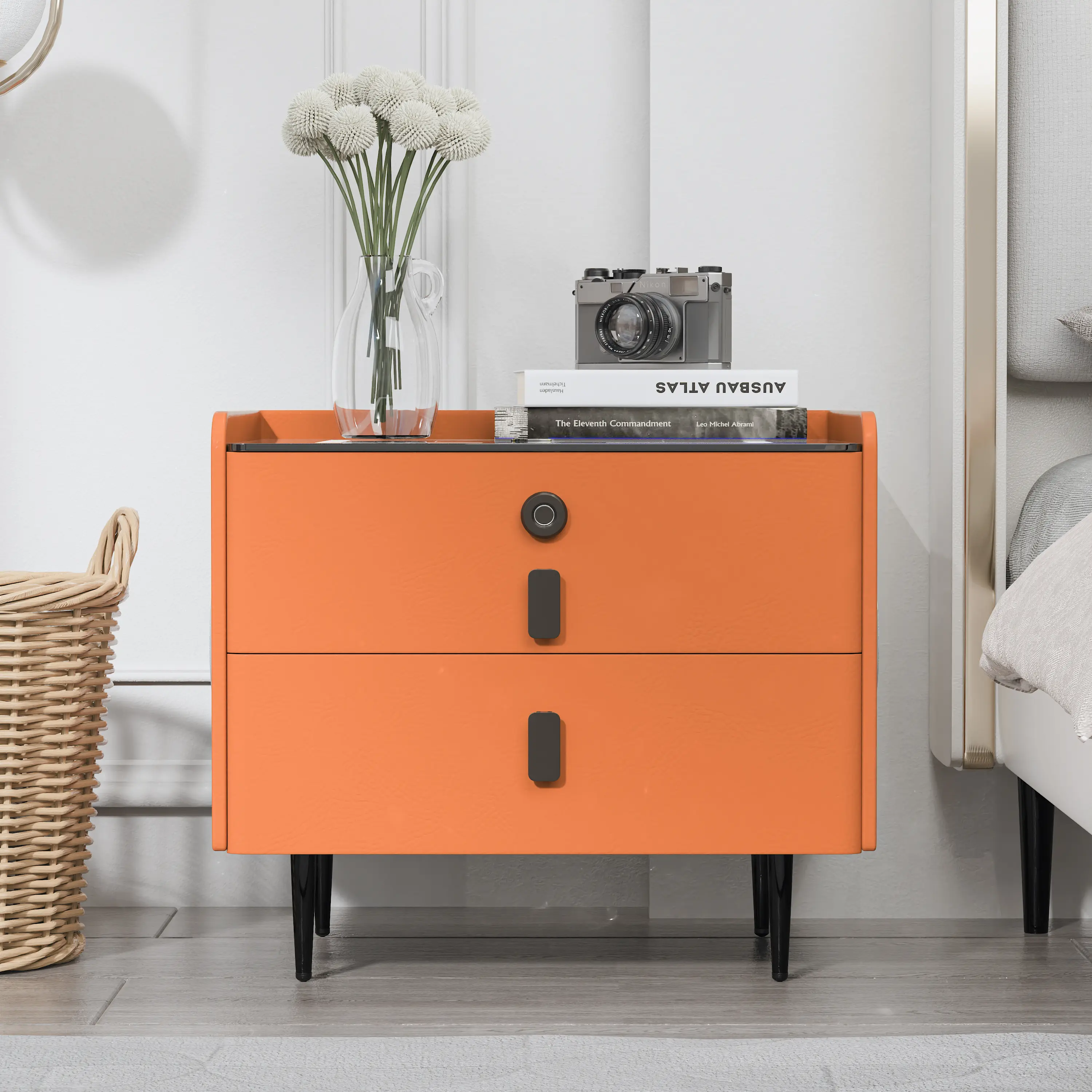 Orange Smart Nightstand with Bluetooth Speaker and Drawer Storage nightstand bed  tables top charging station wood nightstand bed side table Bedside Cabinet Modern Wood Table