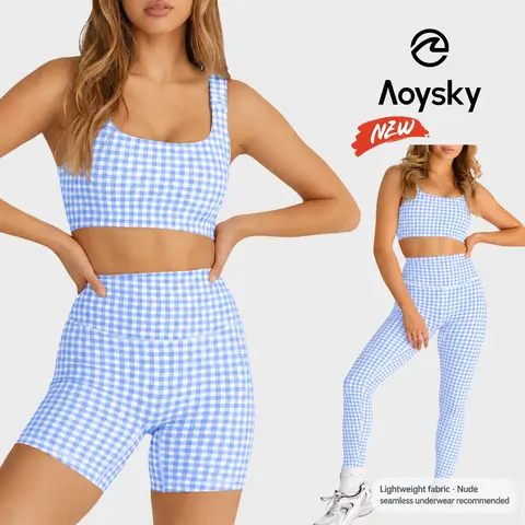 Aoysky Women's 2-Piece Gingham Activewear Set - Padded Open Back Crop Tank, High Waisted Seamless Above-Knee Shorts, Matching 2 Pcs Set for Women's Yoga, Outdoor Workout,sohochic