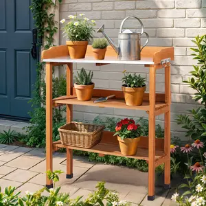 Outdoor Garden Potting Bench Table, Wooden Horticulture Planting Worstation with Metal Tabletop, 2 Storage Shelves, 3 Hooks, Natural Wood,Indoor and outdoor plant racks can accommodate a variety of plants, suitable for use in corners of rooms, balconies