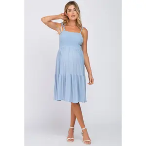 Light Blue Smocked Shoulder Tie Maternity Dress