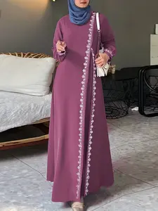 Women's Fashion Long Sleeve Round Neck Solid Color Casual Dress, Elegant Lace Trim Robe Style, Perfect for Daily Wear & Special Occasions, Abaya, Round Neck Abayas