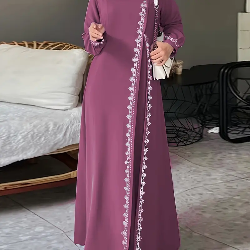 Women's Fashion Long Sleeve Round Neck Solid Color Casual Dress, Elegant Lace Trim Robe Style, Perfect for Daily Wear & Special Occasions, Abaya, Loose Abayas, Round Neck Abayas, Modesty Muslim Clothing, Islamic Modesty Clothes, Muslim Dresses