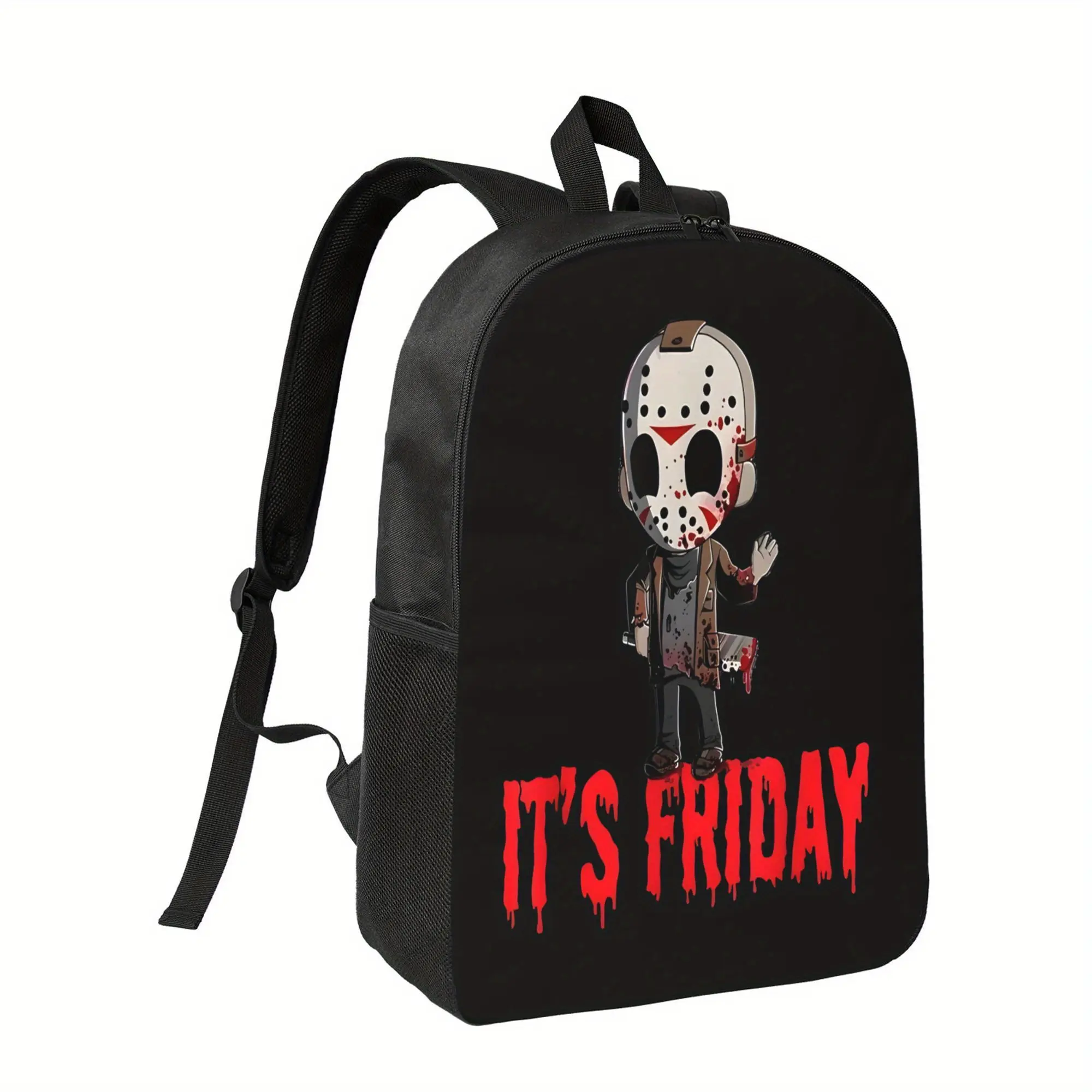 Funny Friday Backpack - Jason Voorhees Friday Design Horror Comic bag, Lightweight School & Office Backpack with Adjustable Shoulder Straps, Friday Birthday Gift for Horror Fans (Black/Red Accents), Daily Commute, Bold Print, Durable Construction, Zipper