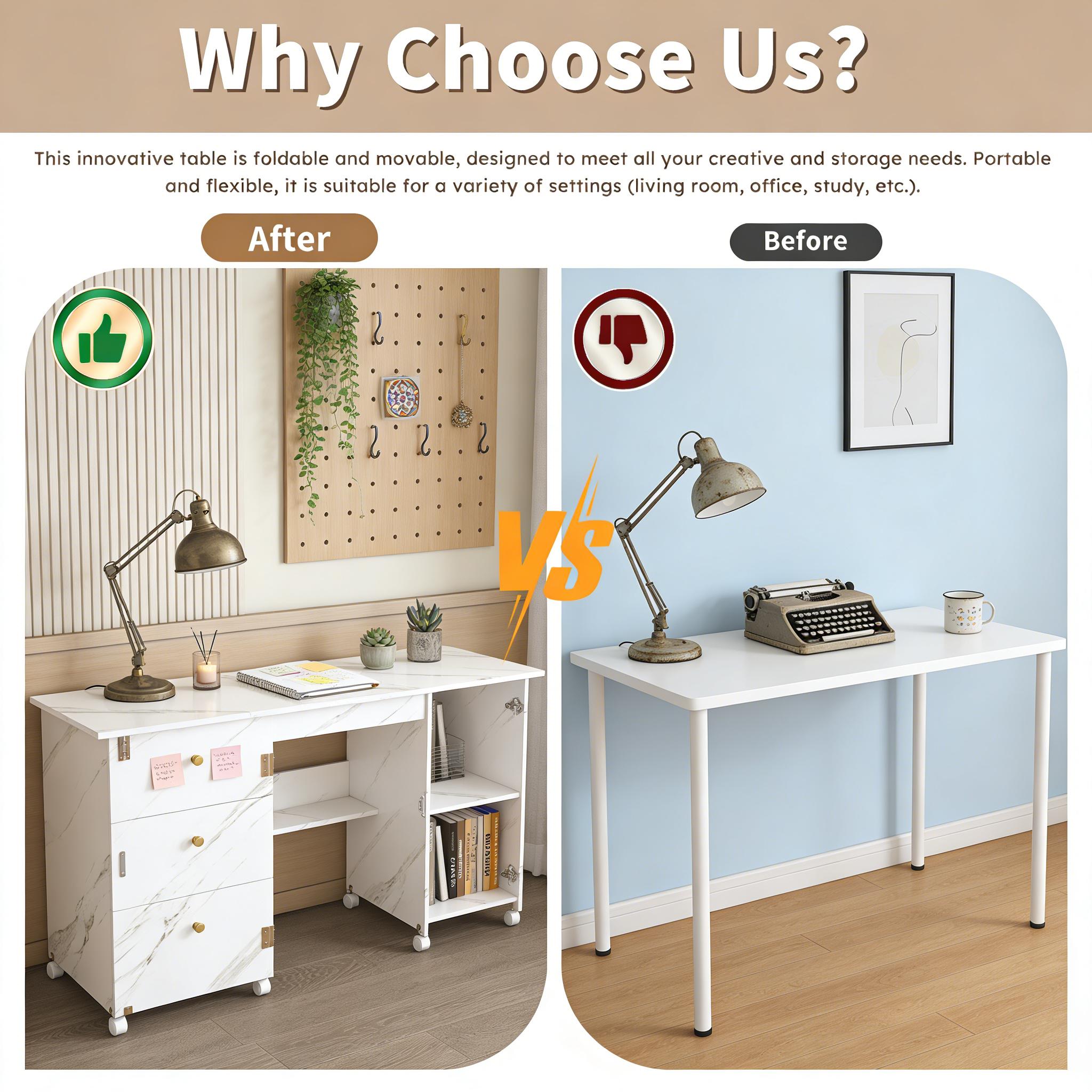 57.5"FoldableSewingMachineTablewithLockingCasters-Multi-StorageCraftStationDeskwithShelvesBinsCabinet,AdjustableSewingCabinetforHomeBedroomCraftRoom,SpaceSavingWhiteDeskforDormApartmentOffice,HobbyTableFurniture