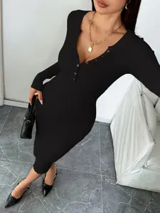 Elegant Long Sleeve Knit Dress for Women, V Neck Design with Front Button Detail, Slim Fit Bodycon Skirt, All Seasons Wearable