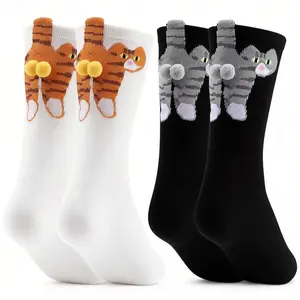 2 Pairs Cute Cat Socks with Balls, Men Women's Cotton Crew Socks - Novelty Funny Animal Prints | Perfect Gifts for Cat Lovers