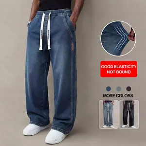 Men’s Stretch Denim Jeans — Vintage Washed Straight-Leg Fit, Drawstring Design for Easy Pulling On and Versatile Casual Wear; Regular-Season Everyday Long Pants