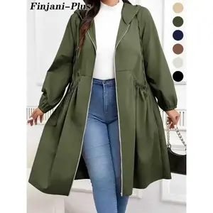 Plus Size Solid Drawstring Zip Up Hooded Coat, Casual Long Sleeve Pocket Outerwear for Fall & Winter, Women's Clothes for Daily Wear