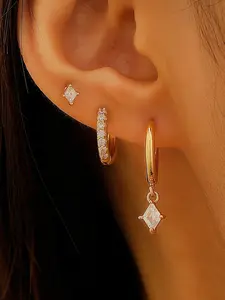Elegant Geometric Jewelry, Princess Cut Square Diamond Layered Dangle Earrings, Stylish Women's Accessory Set