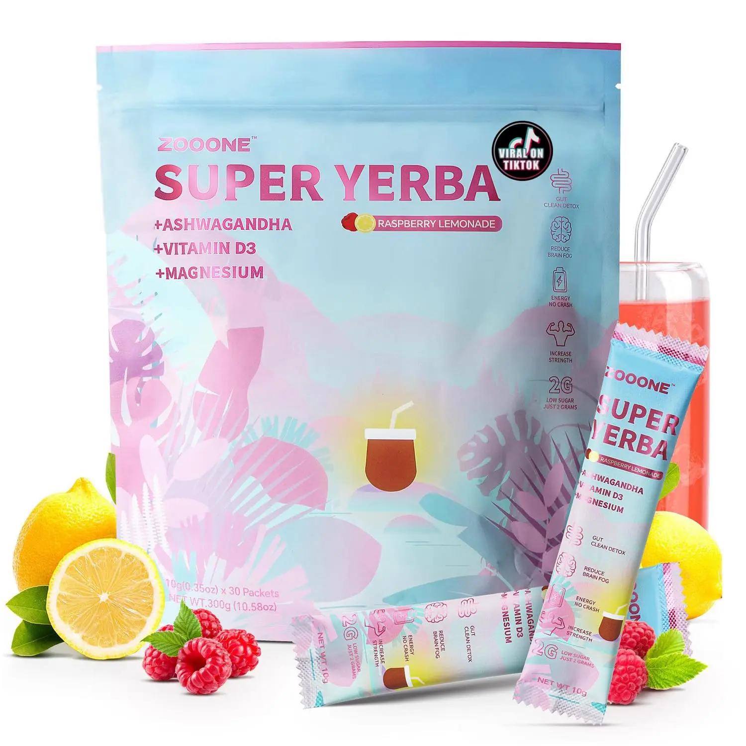 ZOOONE Instant Super Yerba Mate Tea Powder Raspberry Lemonade, 30 Packets, Clean Sustained Energy, Mental Focus, Brain Fog Buster, Gut Support, Rich in Antioxidants Supplement Edible Drink Fitness Dietary Nail