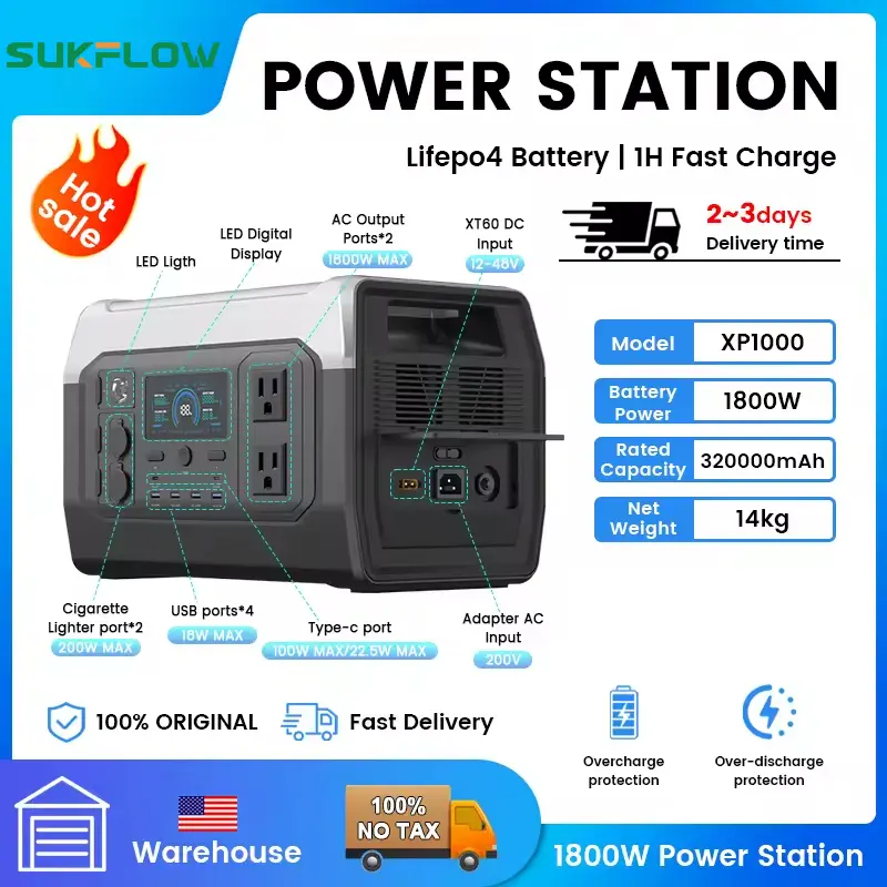 【Flash Sale】SUKFLOW XP1000 1800W Portable Power Station 1024Wh LiFeP04 Battery Solar Generator Solar for Camping UPS function Pure Sine Wave