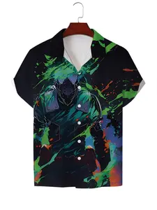 Men's Hawaiian Shirt - Flat Digital Print Pattern - No Texture - Anime Character Green Energy Splashes Cool and Stylish, Fashionable and Simple Short Sleeves, Buttoned, Casual Collar Shirt, Fashionable and Versatile, Suitable for Dates, Beach Vacations, a