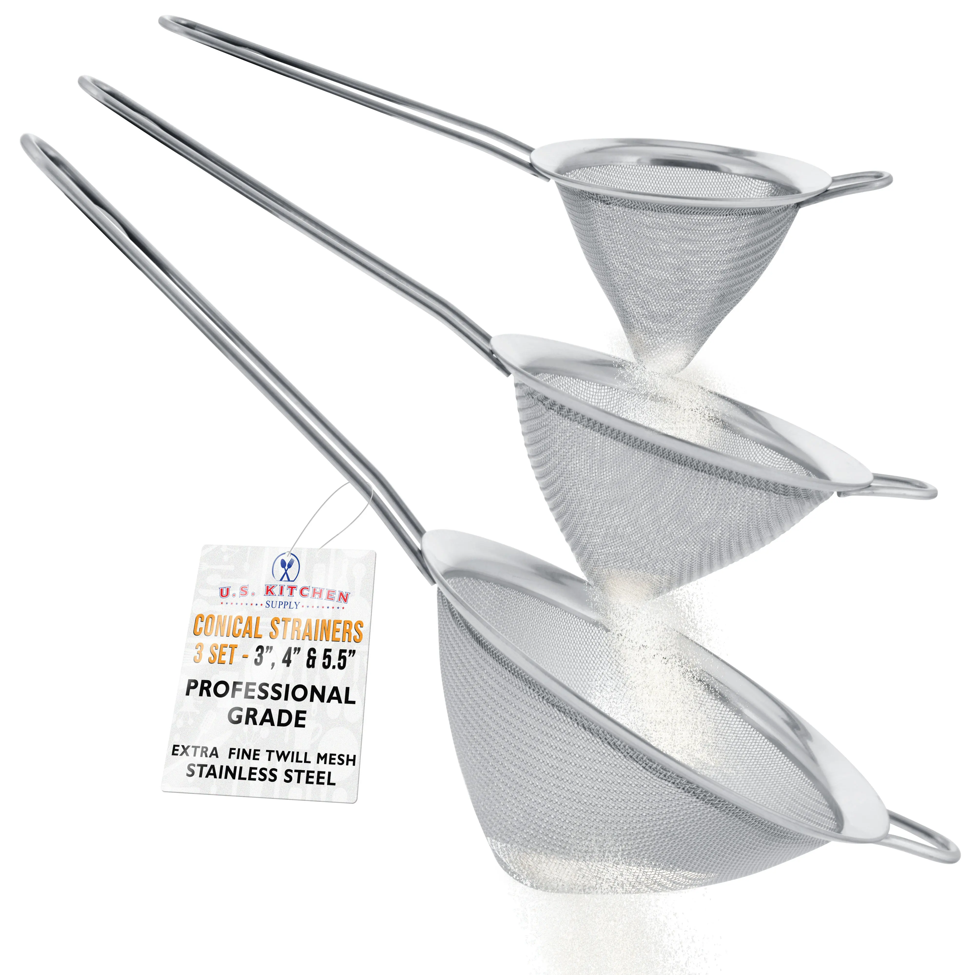 U.S. Kitchen Supply Set of 3 Stainless Steel Conical Strainers - 3", 4" & 5.5" Sizes - Chinois Style, Extra Fine Twill Mesh Sieve, Stainless Steel Strainers and Colanders for Kitchen