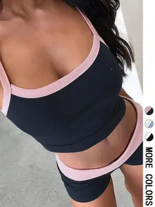 Women's Colorblock Crop Tank Top & Shorts Set, Sporty Casual Two-piece Outfits for Summer, Women's Clothing for Indoor Outdoor Wear, Sporty Style Clothes