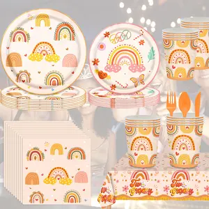 133 Pcs Boho Rainbow Party Supplies Set, Disposable Vintage Rainbow Tableware with Plates, Cups, Napkins, Cutlery & Tablecloth, Retro Bohemian Decor for Kids Birthday, Baby Shower, Hippie Themed Celebration