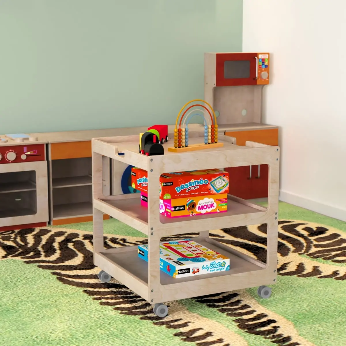 Flash Furniture MK-ME14795-GG Bright Beginnings Commercial 3 Shelf Square Space Saving Wooden Mobile Classroom Storage Cart, Locking Caster Wheels, Kid Friendly Design, Natural