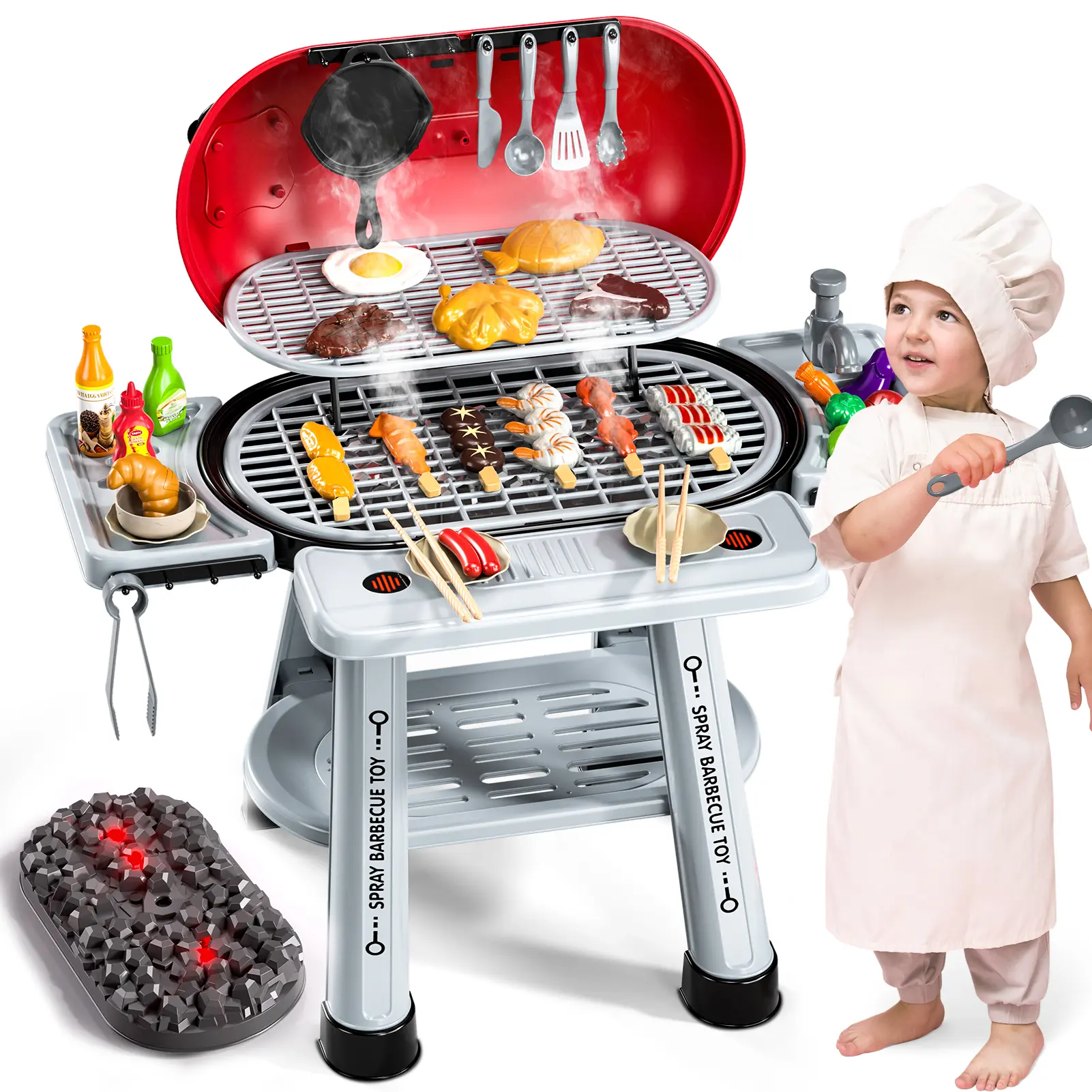Children’s outdoor portable barbecue grill toy set with smoke light effects, realistic cooking sounds, and a complete set of simulated food accessories—designed for toddlers aged 3–5 for fun role-play and educational cooking, A holiday gift for Christmas,