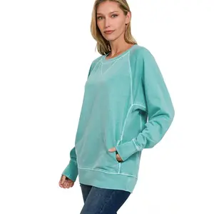 Zenana Pigment Dyed French Terry Pullover with Pockets - Turquoise