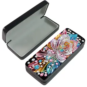 Flower Pattern Rhinestone Decor Glasses Case, 1 Set DIY Handmade Diamond Art Painting Glasses Case, DIY Handmade Art Craft Gift