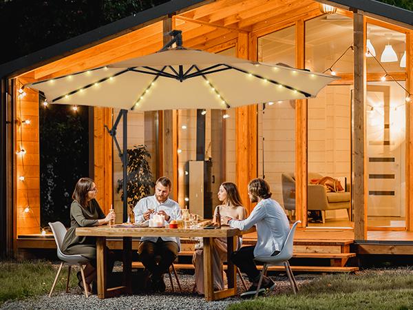 [10ft] Solar Lights Offset Cantilever Patio Umbrella - w/Light and Base, LED Lighted Offset Hanging Patio Outdoor Market Umbrella UPF50+ UV Protection with Easy Tilt and Crank