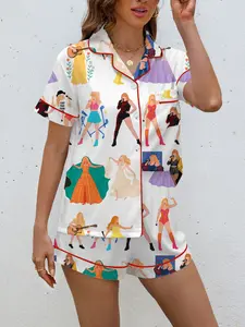 Taylor's tour outfit: printed short-sleeved and shorts pajamas for women, collared cardigan, faux silk loungewear set.