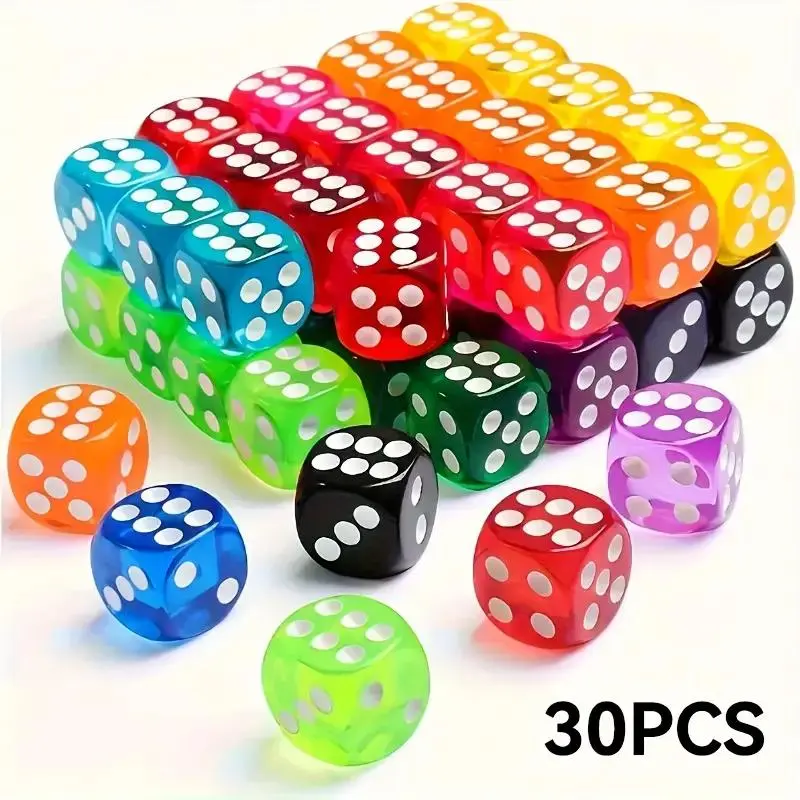 Random Color 6-sided Game Dice Set, 30pcs/set Semi Transparent Color Round Edged Durable Acrylic Loose Dice, Suitable for Playing Games, Gatherings, Polyhedral Dice Set