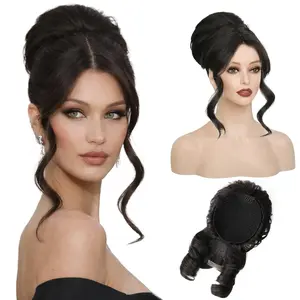 Black Brown 2-in-1 Messy Bun Hairpieces Ponytail Wig with Bangs Drawstring Ponytail Updo Wig Synthetic Hairpieces for Women Hair Topper with Lace Side Bangs Natural Looking Lightweight2