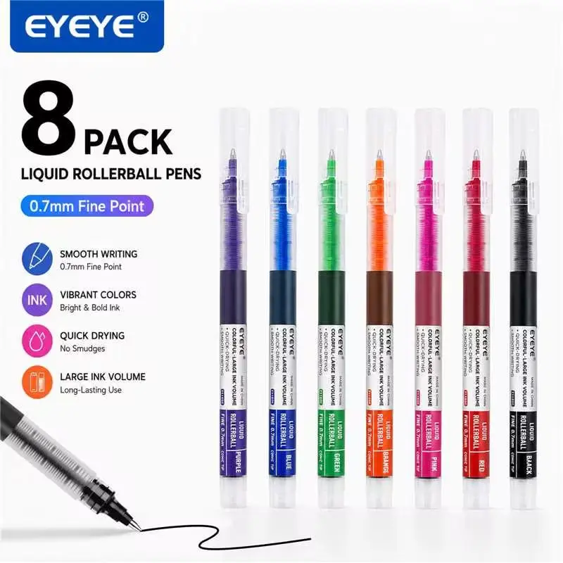 EYEYE T1155C Multicolor Rollerball Pens - 8 Assorted Colors, 0.5-1.0mm Tip Sizes, Quick-Dry Liquid Ink, Smooth-Writing Doodle Pen, Black-Blue-Red Mixed Pack, Ideal for Office Stationery, Bullet Journaling, School Supplies Gift