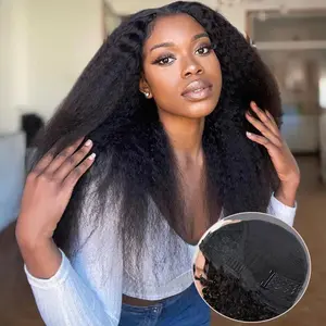 [Glueless 3 IN 1 Half Wig] Bling Hair Kinky Straight Half Wig Human Natural Hair Seamless Flip Over Wig Invisible Hairline Ready to Wear Beginner Friendly Vacatiob Hair Wigs for Women With Drawstring