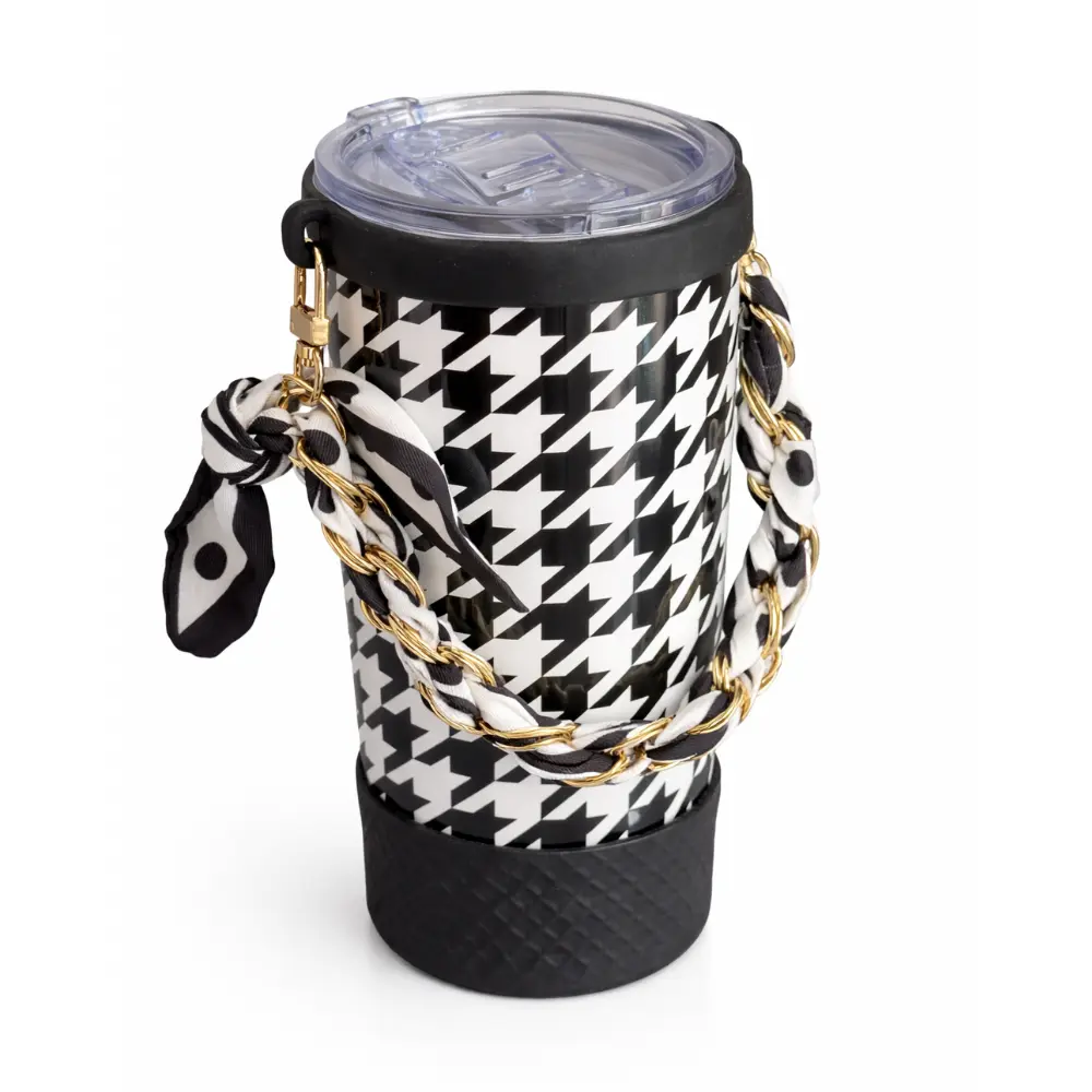 Insulated Coffee Tumbler for Women with Handle | Biddlebee Brew Black & White Houndstooth 20oz | Leak-Proof Slider Lid + Silicone Boot