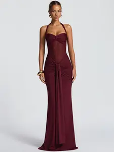 Womenswear Mini Bodycon Mesh Sheer Tie-Back Halter Neck Sleeveless Dress Panel Ruched Evening Gown Party Casual Elegant Minimalist Outfit