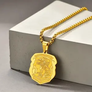 FindChic St. Michael Necklaces Stainless Steel Golden Biblical Archangel Jewelry Shield Medal Pendant For Women Men