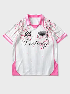 Men's Sakura 23 Victory Printed Sports Collar Shirt, Flower Digital Silk Screen Printed Clothing, Loose Streetwear, V-neck and Colorful Edging, Ideal for Street Style, Sports and Summer Clothing, Durable Bold Printing for Y2K and Fashion Enthusiasts