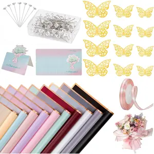 20 Sheets Flower Wrapping Paper Bouquet Wrapping Paper  with 10 count Greeting cards, 12 count 3D  Butterfly Decor, 50  pins, 24 Yards Satin Ribbon for Wedding DIY Craft Party 10 colors