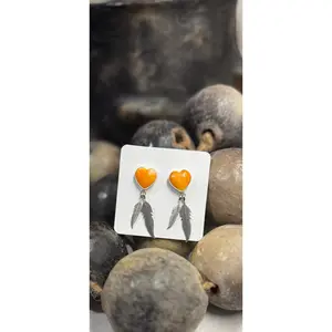 Orange Spiny Oyster with Feathers Dangling Earrings - Sterling Silver - Native Handmade - AP (artist)