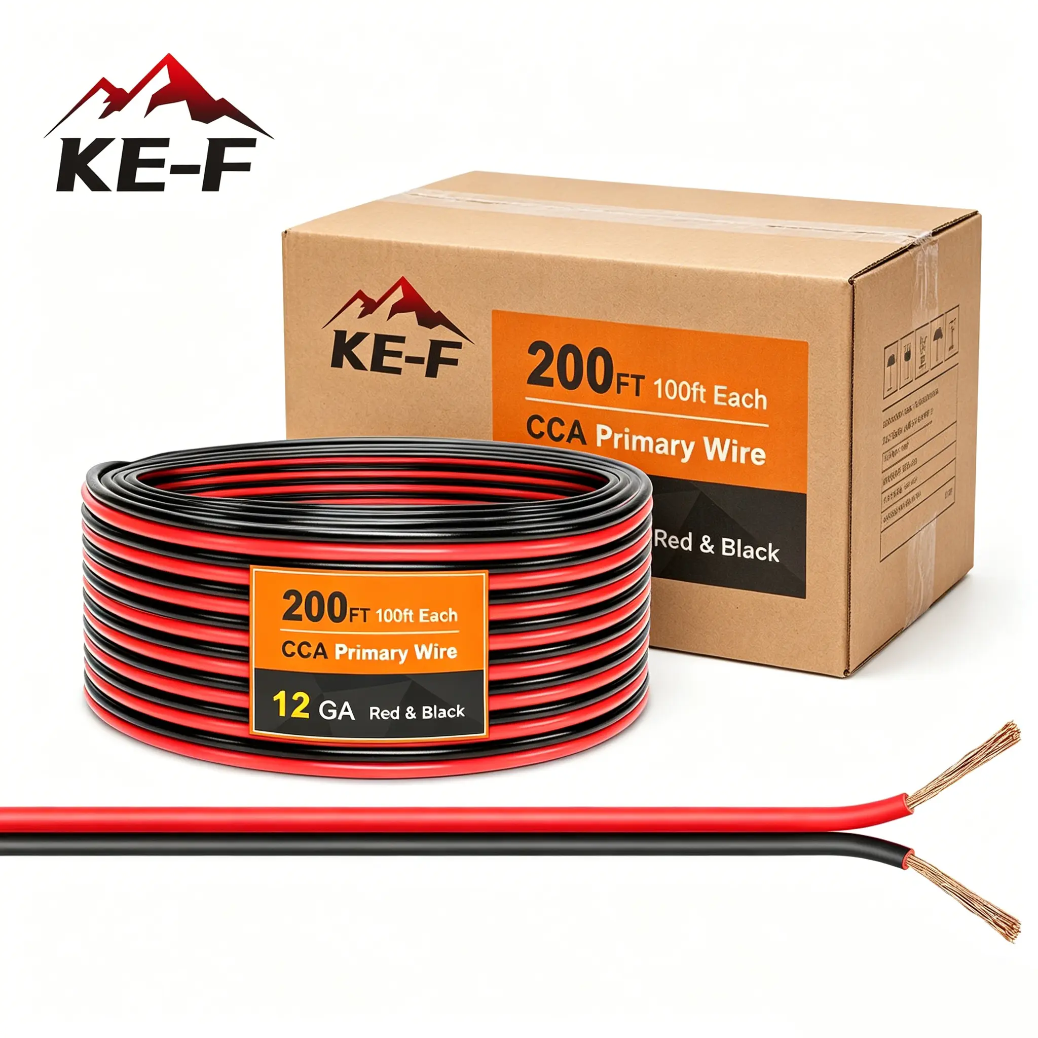 KE-F 100FT 12 Gauge (12 AWG) Ultra Flexible 2-Conductor Red & Black Copper Clad Aluminum Power Conductor, Low Voltage Electrical Wire for Automotive, Speaker Cable, Landscape LED Light Strip, Boat Light