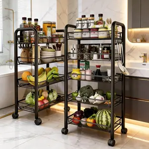 Rust-Proof Metal Wire Rolling Storage Cart, Slim Gap Organizer Cart with Removable Baskets & Side Hooks, Multi Tier Wheeled Utility Cart for Wet Bathroom & Kitchen Pantry