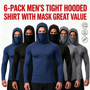 6/3 Pack Mens Sun Protection Fishing Hoodie with Face Mask UPF 50+ Long Sleeve Compression Work Shirt Construction Quick Dry Black Gray Blue Menswear Sweatshirts Tops Pullover