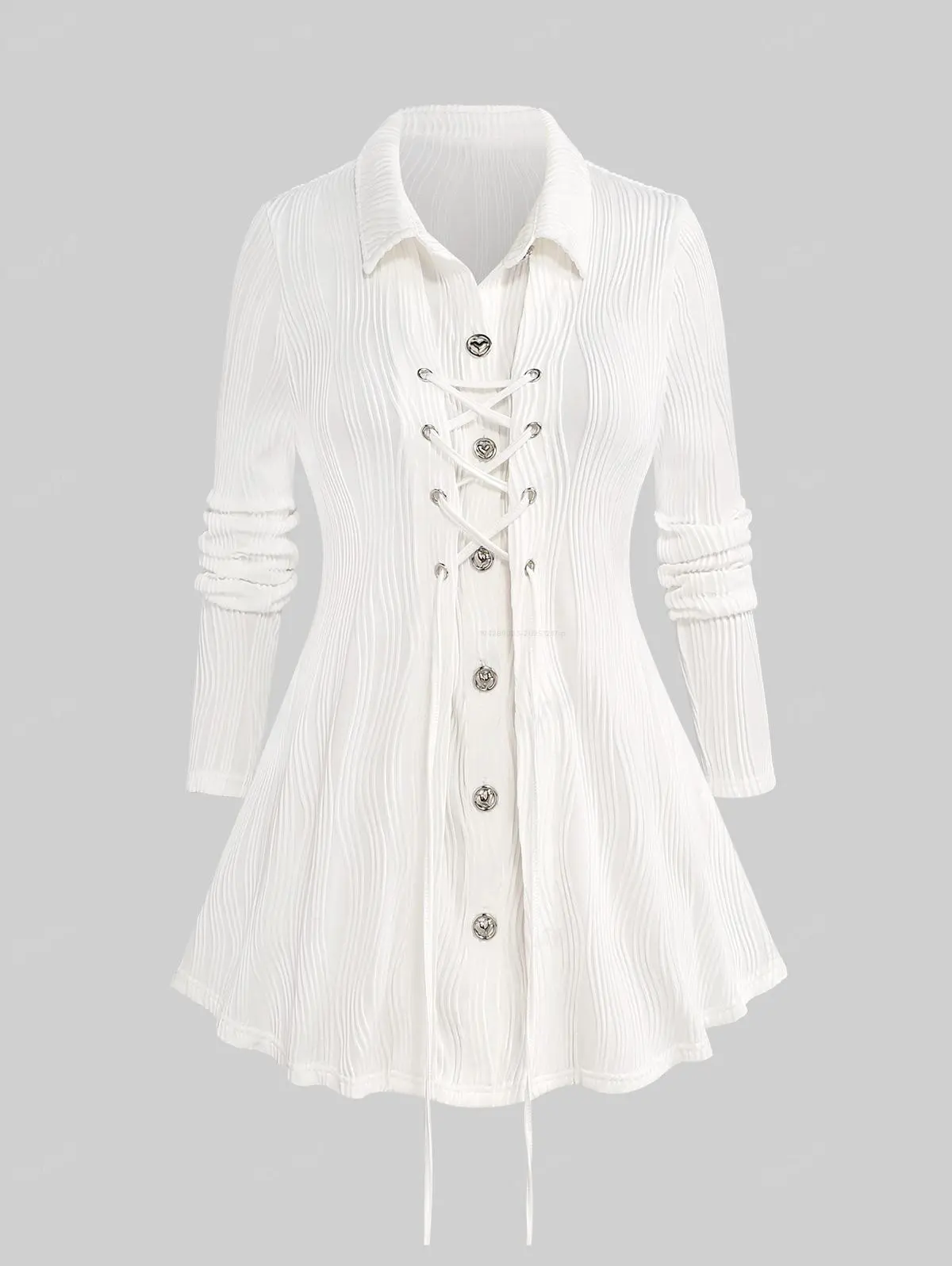 Rgothic Women's Plus Size Gothic Polyester Blouse - Casual Collared Longsleeves Shirt with Lapel, Lace-Up, Ruched, Button-Front Fit Top