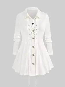 Rgothic plus size women s clothing Ribbed Buttons Lace Up Lapel Collar Solid Ruched Long Sleeves Blouse goth cowgirl outfits,goth outfits office vintage print design Collar