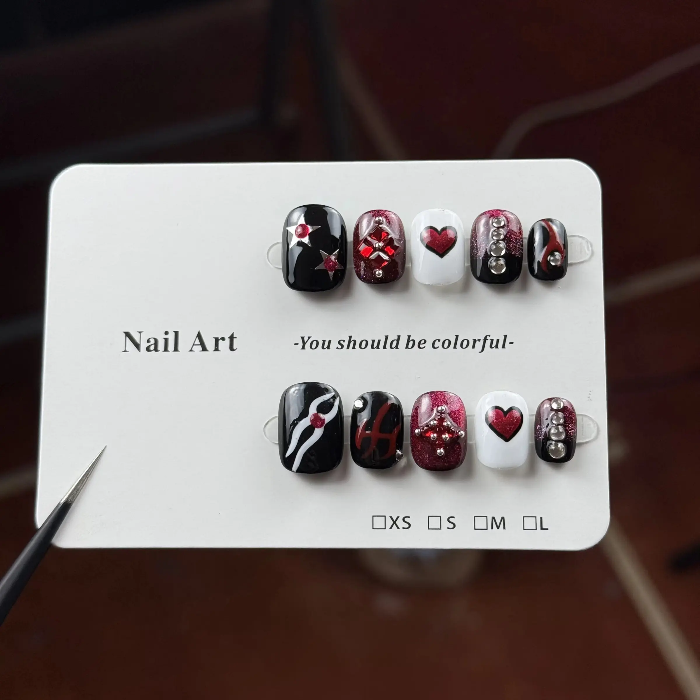 10pcs high-end Black and red color contrast design, hand-painted three-dimensional ribbons, hearts, and sparkling dot diamonds handmade Glossy False Nails Decorative Nails Glossy Fake Nails Handmade Press On