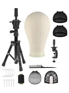 Wig Head Stand Tripod with Canvas Mannequin Head, Wig Making Display Set with Wig Caps, T Pins, Comb Brush, 2 Wig Caps, Adjustable Wig Head