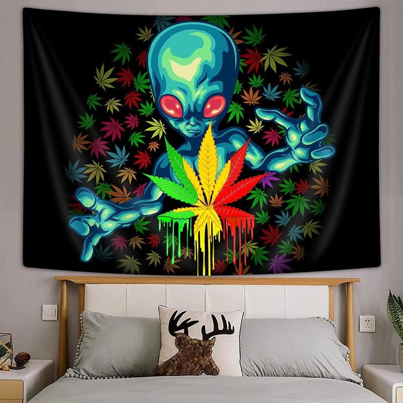 Cool Weed Tapestry for Men, Trippy Alien Stuff Marijuana Leaf Tapestry Wall Hanging for Bedroom, Psychedelic Tie Dye Stoner Tapestries Poster Beach Blanket College Dorm Home Decor (40X30)